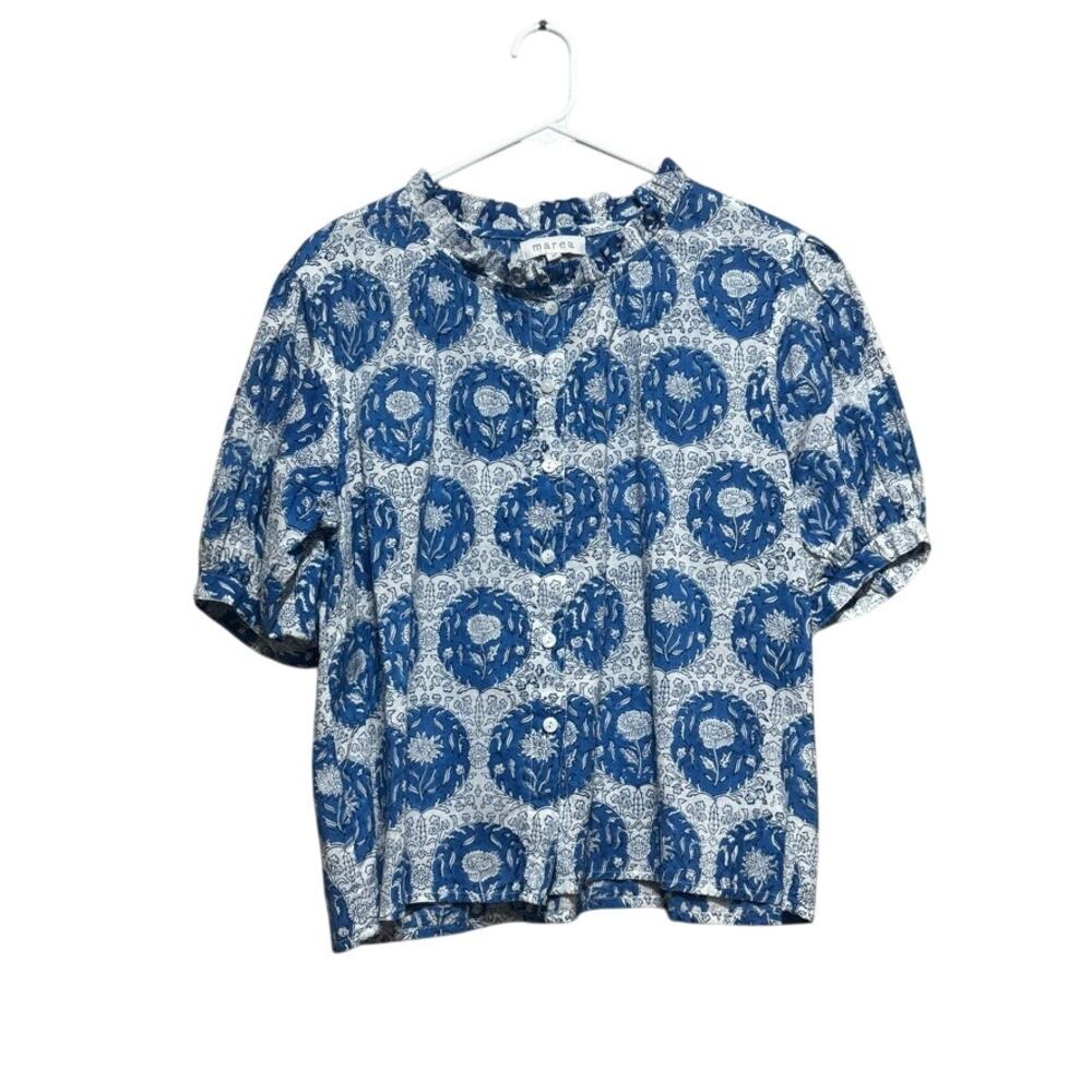 Marea by Liz Joy Blue & White Block Print Blouse Size Medium Cotton Top